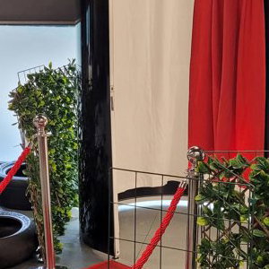 Black gloss Photo Booth with red carpet, ropes and curtain 1