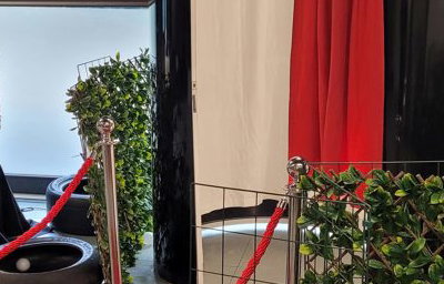 Black gloss Photo Booth with red carpet, ropes and curtain 1