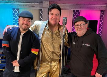 Ray Godwin is Elvis with his cousin Johhny Vegas and Alex Brooker in ITV's DNA Journey.