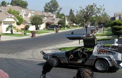 The BTTF Car being filmed on original movie loaction by Universal Studios