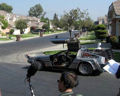 The BTTF Car being filmed on original movie loaction by Universal Studios
