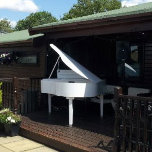 A wedding ceremony outside with the grand piano at Flaxbourne Gardens