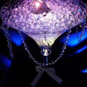 Diamante Themed Martini Glass Centrepiece hire in Hertfordshire, Bedfordshire, Essex & surrounding areas. Perfect for weddings, birthdays & corporate events
