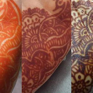 Henna stain from first removing the paste to 48 hours after application.