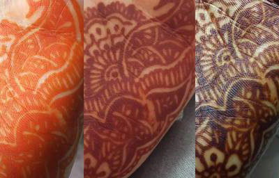 Henna stain from first removing the paste to 48 hours after application.