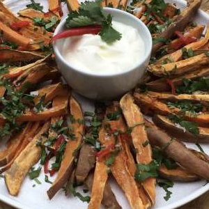 Oven baked sweet potato, coriander, red chile, lime, Greek yogurt