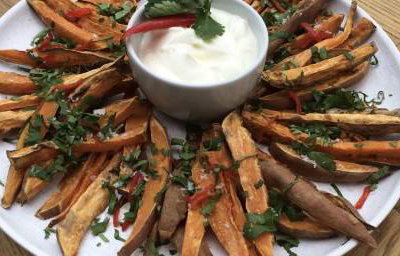 Oven baked sweet potato, coriander, red chile, lime, Greek yogurt
