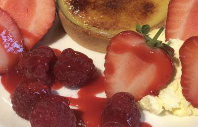 Lemon tart, summer fruits, Amaretto cream