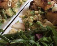 Ginger, cinnamon, lemon, red onion, saffron marinated chicken with honey and rosewater. Green bean salad