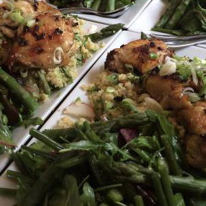 Ginger, cinnamon, lemon, red onion, saffron marinated chicken with honey and rosewater. Green bean salad