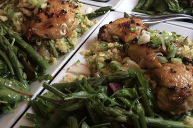 Ginger, cinnamon, lemon, red onion, saffron marinated chicken with honey and rosewater. Green bean salad
