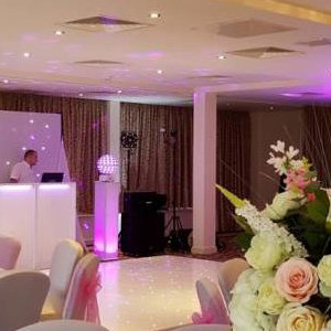 Raithwaite Estate Whitby white wedding package, one of our stunning starlit Led dance floors complete with uplighting and a full white wedding DJ supplied by Disco Dan.