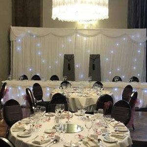 A fabulous wedding at Derwent Manor Hotel in County Durham with one of our Starlit Backdrop, Top Table packages.