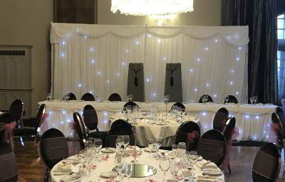 A fabulous wedding at Derwent Manor Hotel in County Durham with one of our Starlit Backdrop, Top Table packages.