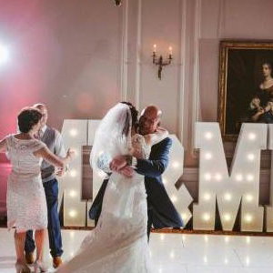 Stunning White Starlit Led dance floor and white giant Mr & Mrs at the gorgeous Crathorne Hall Hotel near Yarm.