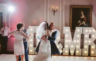 Stunning White Starlit Led dance floor and white giant Mr & Mrs at the gorgeous Crathorne Hall Hotel near Yarm.