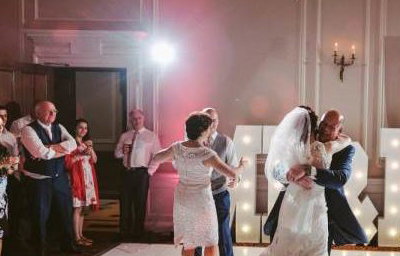 Stunning White Starlit Led dance floor and white giant Mr & Mrs at the gorgeous Crathorne Hall Hotel near Yarm.