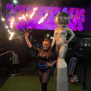 Fire Eater and Mirrorball stilt walker