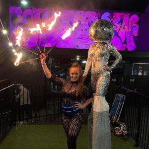 Fire Eater and Mirrorball stilt walker