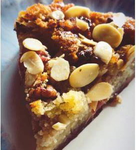 Rhubarb and almond tart with stew ginger and pecan nuts  