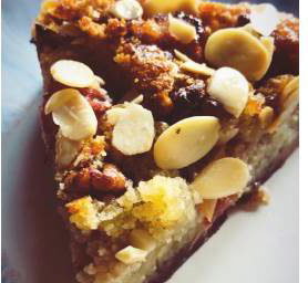 Rhubarb and almond tart with stew ginger and pecan nuts