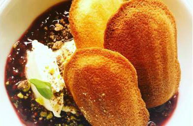 Almond madeleines with raspberry compote and citrus creme fraiche