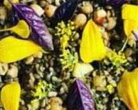 five rice salad with edible flowers and fennel top