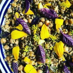 five rice salad with edible flowers and fennel top