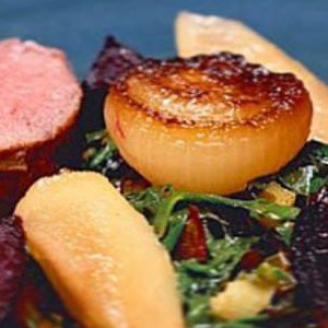 Berkshire  venison with pumpkin purée and rainbow chard   