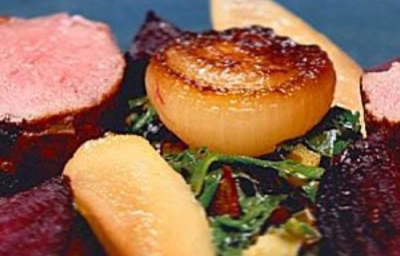 Berkshire  venison with pumpkin purée and rainbow chard   
