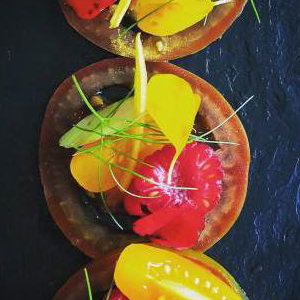 Tomatoes and edible flowers from the kitchen garden. Canapé 