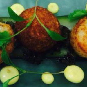 king scallops with saffron and curry cod brandade 