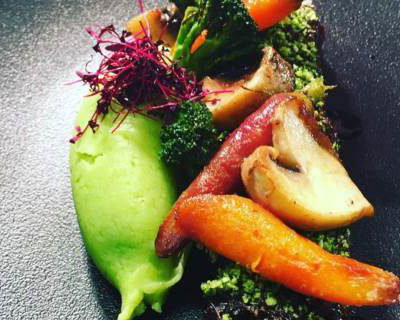 Slow braised beef with basil pomme purée