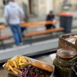 Beef Brisket Brioche Bun, fries, home slaw, pickle