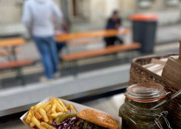 Beef Brisket Brioche Bun, fries, home slaw, pickle